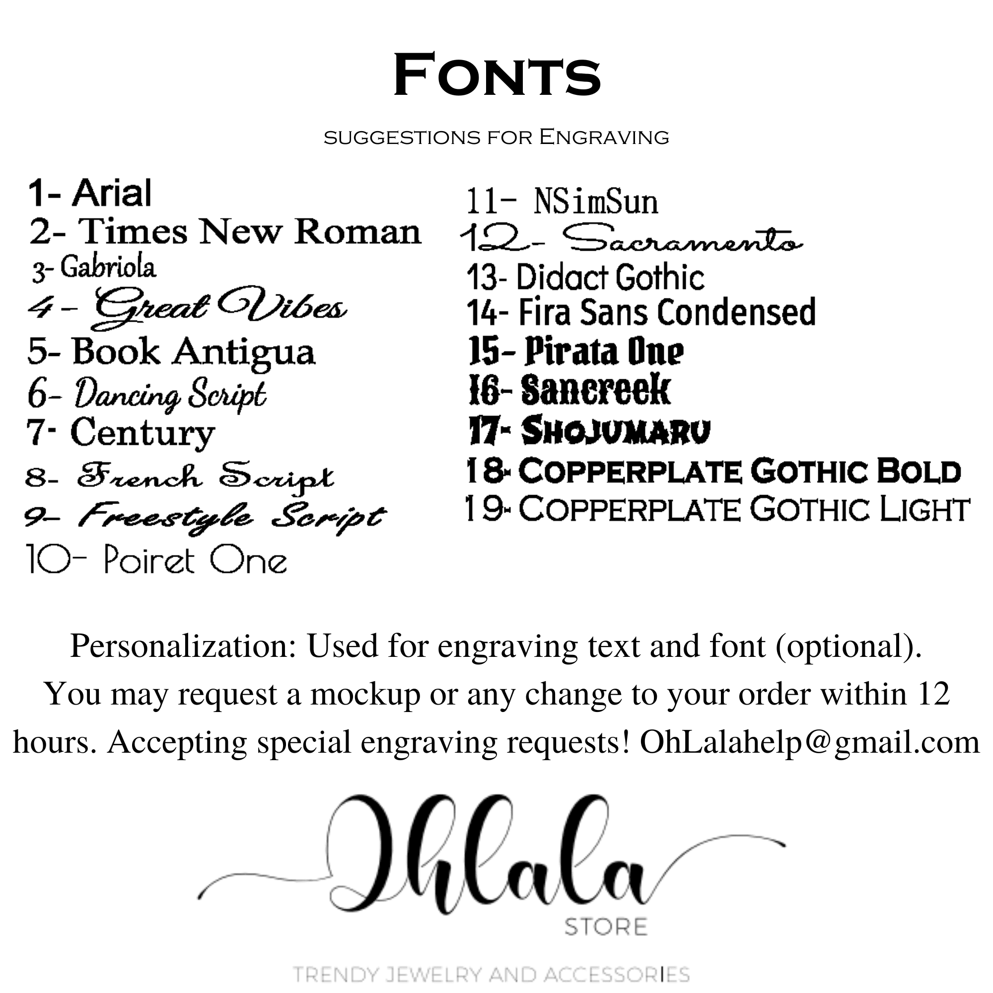 ENGRAVING PERSONALIZATION AND FONTS OPTIONS