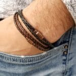 Mens Leather Bracelet, Wrap Bracelet with Copper Claps, Black or Brown Braided Bracelet, Thin Leather Bracelet