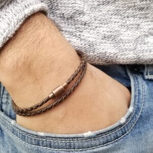 Mens Leather Bracelet, Wrap Bracelet with Copper Claps, Black or Brown Braided Bracelet, Thin Leather Bracelet