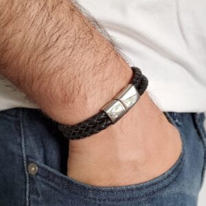 Black & Brown Leather Bracelet for Men, engraved and personalized - photo 8 of 10 (BC10-5MM-2B)