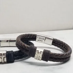 Black & Brown Leather & Stainless Steel Cross Bracelet for Men - photo 2 of 10
