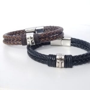 Men Leather Cross Bracelet, Silver Cross Bracelet, Religious Bracelet, Mens Bracelet, Men Gift