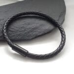 Black Leather Bracelet, Custom Sized and Engraved