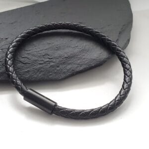 Black Leather Bracelet, Custom Sized and Engraved