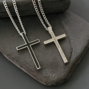 Silver Engraved Cross Necklace, Personalized Men Gift