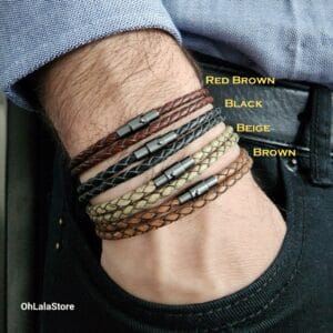 Men Leather Braided Bracelet, Double Wrap Bracelet, Simple Thin Mens Bracelet