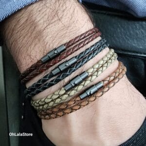 Men Leather Braided Bracelet, Double Wrap Bracelet, Simple Thin Mens Bracelet