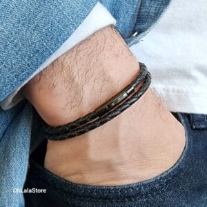 Engravable Double Wrap Leather Bracelet with Stainless Steel Bayonet Clasp