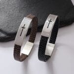 Personalized Men Leather Bracelet, Engraved Cross Bracelet for Him