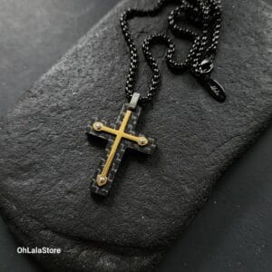 Black Stainless Steel Men Cross Necklace, Engraved Men Necklace, Personalized for Him