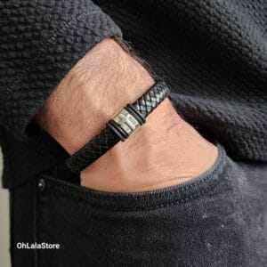 Personalized Men Cross Bracelet, Engraved Leather Bracelet for Him, Customized Fathers Day Gift