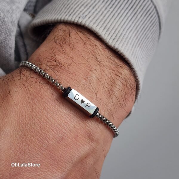 Engraved Silver Chain Bracelet, Bar Name Steel Men Bracelet, Personalized Fathers Day gift