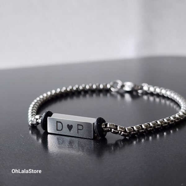 Engraved Silver Chain Bracelet, Bar Name Steel Men Bracelet, Personalized Fathers Day gift