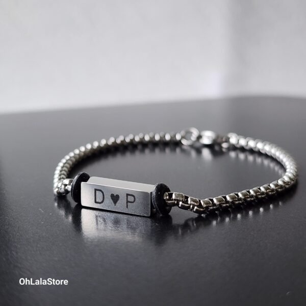 Engraved Silver Chain Bracelet, Bar Name Steel Men Bracelet, Personalized Fathers Day gift
