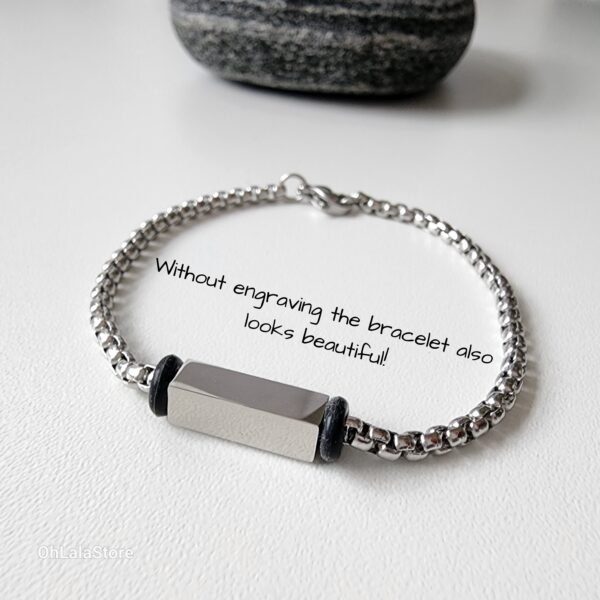 Engraved Silver Chain Bracelet, Bar Name Steel Men Bracelet, Personalized Fathers Day gift