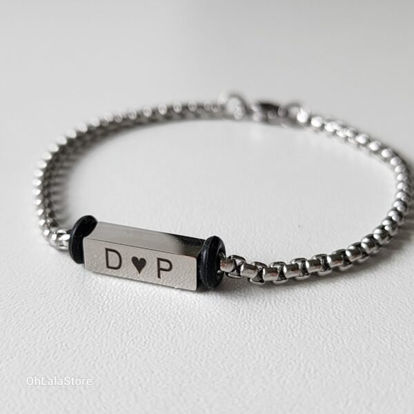 Engraved Silver Chain Bracelet, Bar Name Steel Men Bracelet, Personalized Fathers Day gift