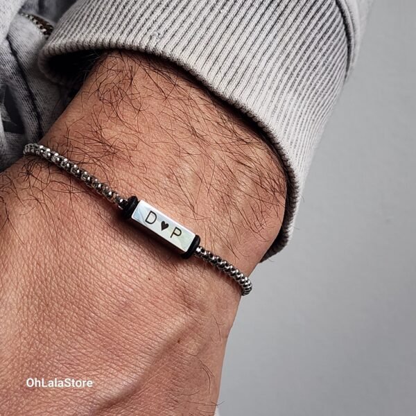 Engraved Silver Chain Bracelet, Bar Name Steel Men Bracelet, Personalized Fathers Day gift