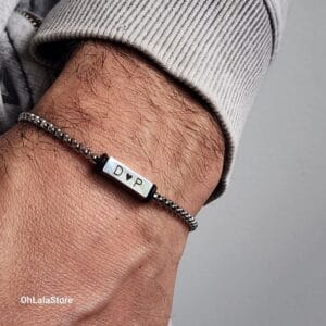 Engraved Silver Chain Bracelet, Bar Name Steel Men Bracelet, Personalized Fathers Day gift