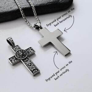 Personalized Mens Cross Pendant, Engraved Masculine Lion Stainless Steel Cross, Custom Gift for Him