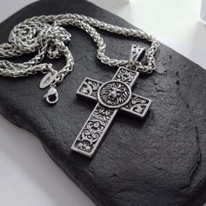 Personalized Mens Cross Pendant, Engraved Masculine Lion Stainless Steel Cross, Custom Gift for Him