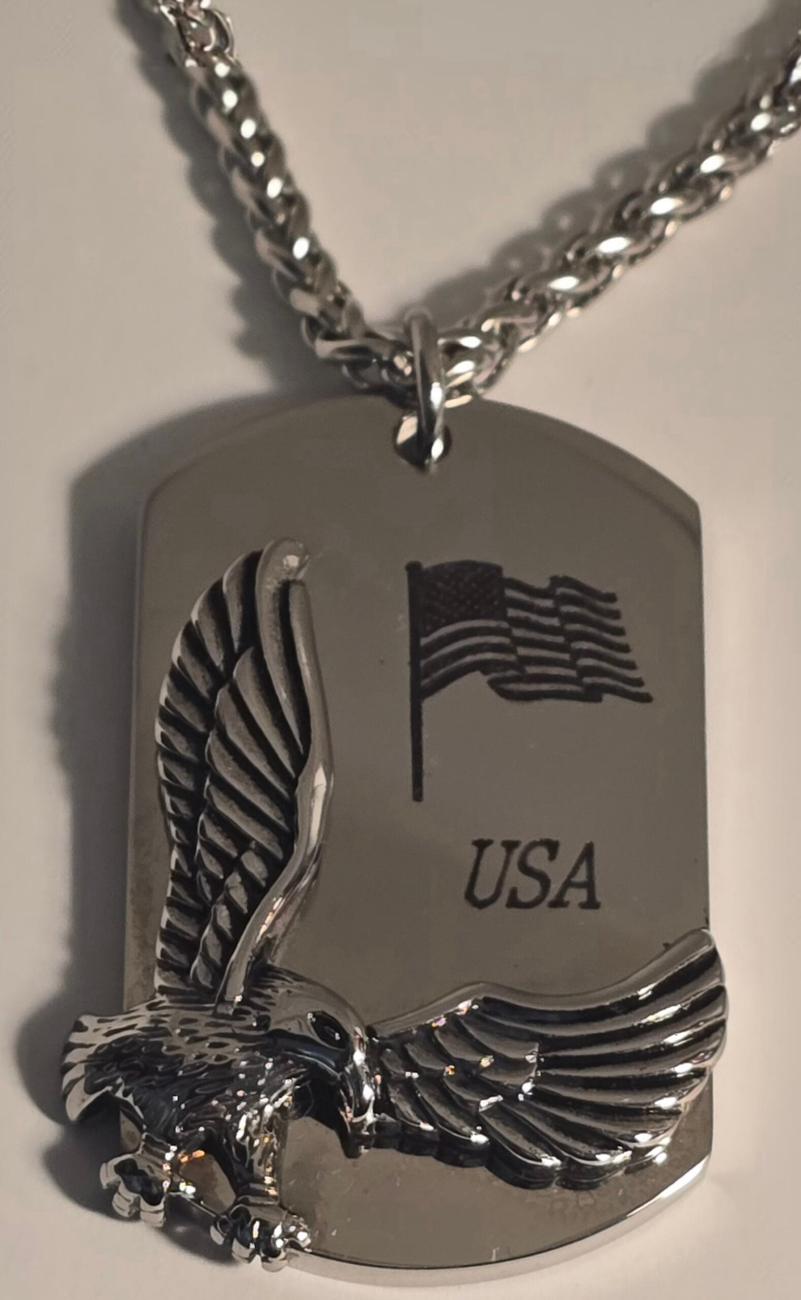 American Eagle Dog Tag Necklace, Personalized Custom Designs, USA Flying flag