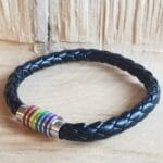 Black braided leather bracelet with a rainbow striped magnetic clasp