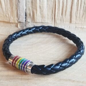 Home 27 Black braided leather bracelet with a rainbow striped magnetic clasp