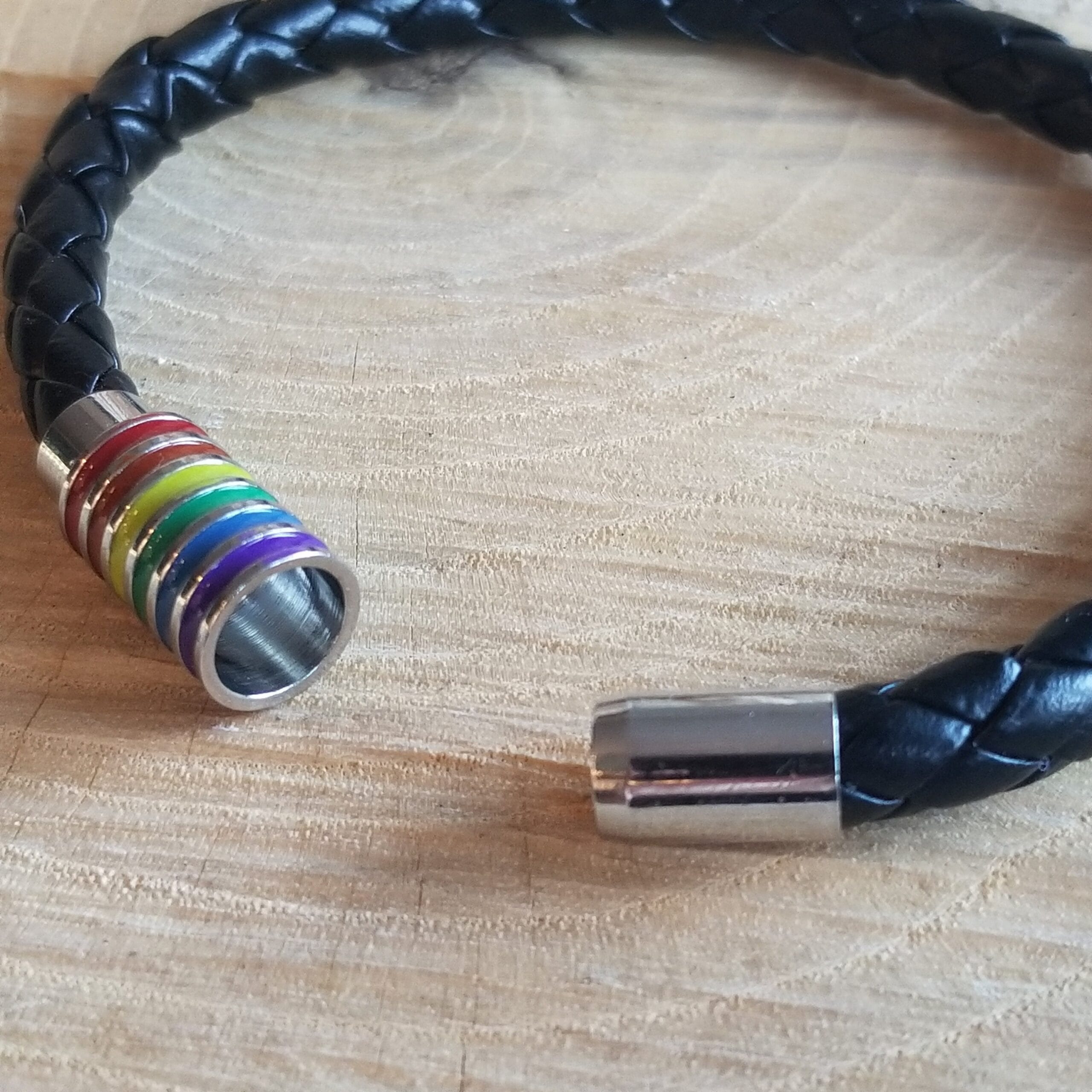 Rainbow Leather Bracelet, Colorful Striped Magnetic Clasp 2 Rainbow striped magnetic clasp shown open