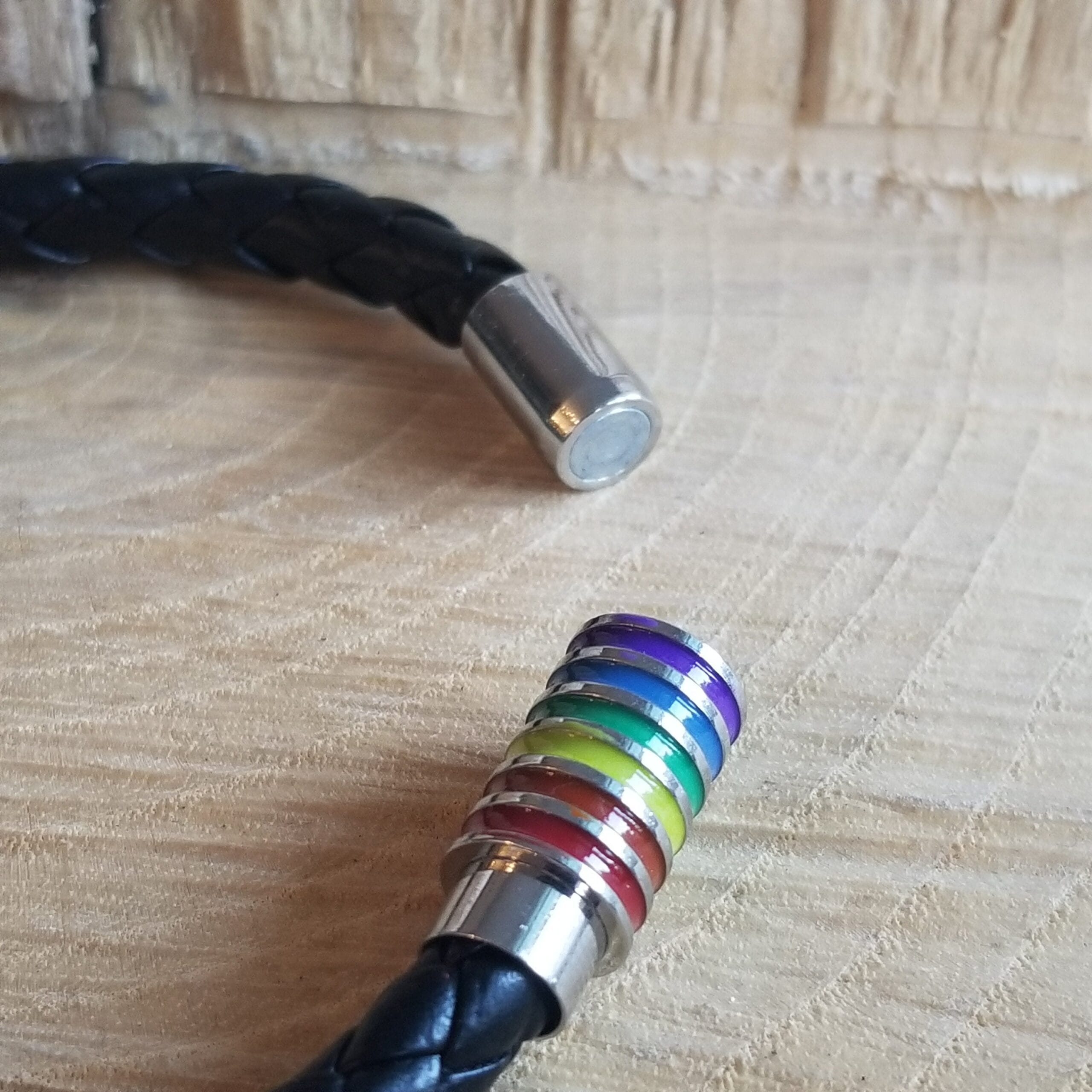 Rainbow Leather Bracelet, Colorful Striped Magnetic Clasp 3 Close-up of the colorful striped clasp on black leather