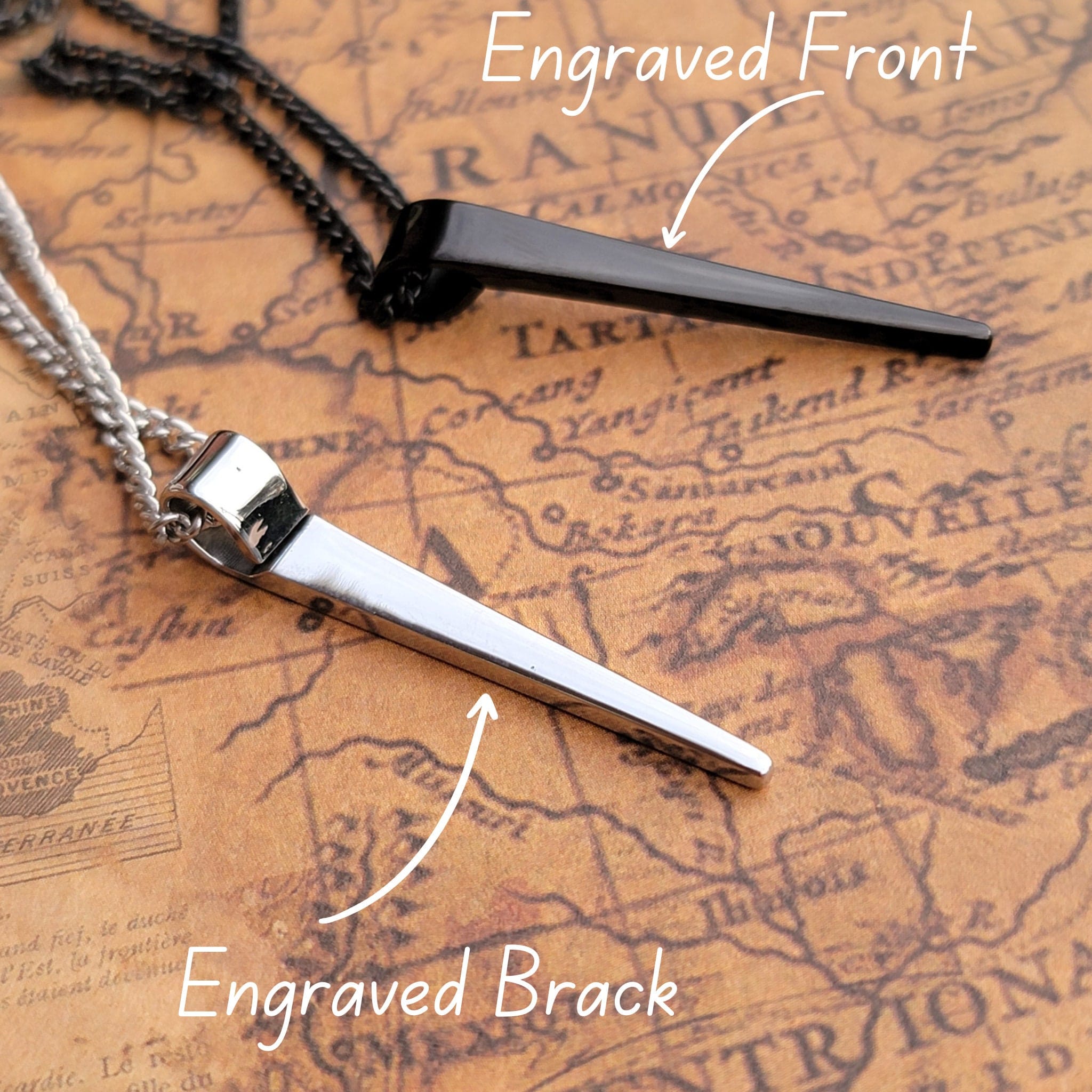Engraved Dainty Men Necklace, Personalized Bar Pendant, Gift for Him 2 Bar pendants showing the engraved front and back