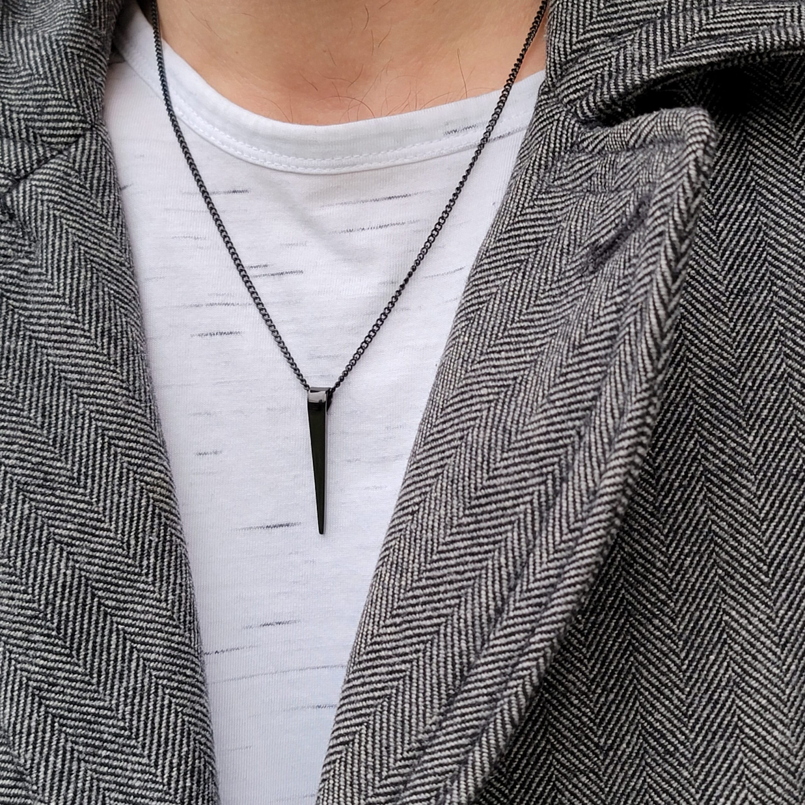 Engraved Dainty Men Necklace, Personalized Bar Pendant, Gift for Him 6 Black bar pendant necklace worn, second view