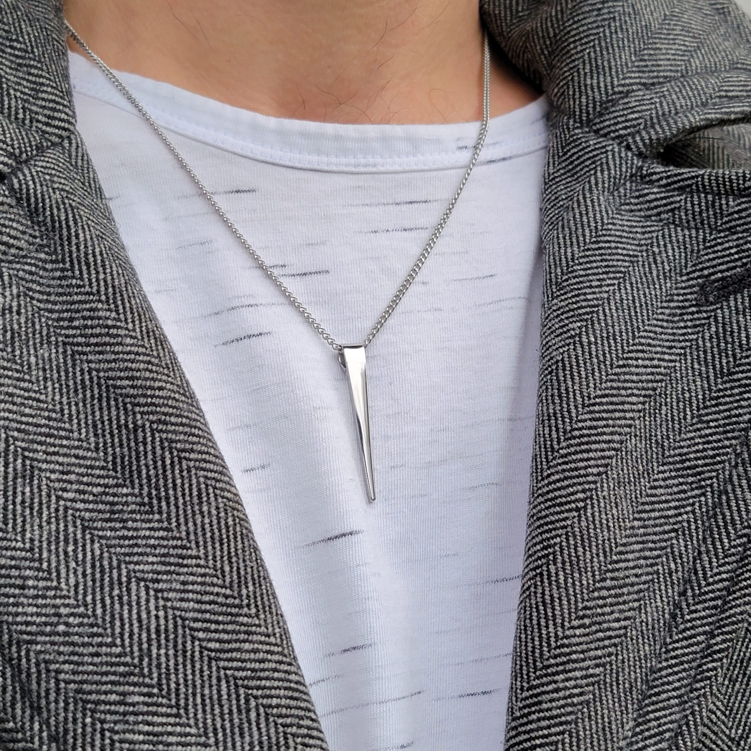 Engraved Dainty Men Necklace, Personalized Bar Pendant, Gift for Him 7 Silver bar pendant necklace worn, second view