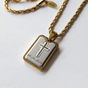 Home 13 Cross dog tag with a date engraved on the front