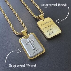 Home 12 Cross dog tag engraved on the front and on the back