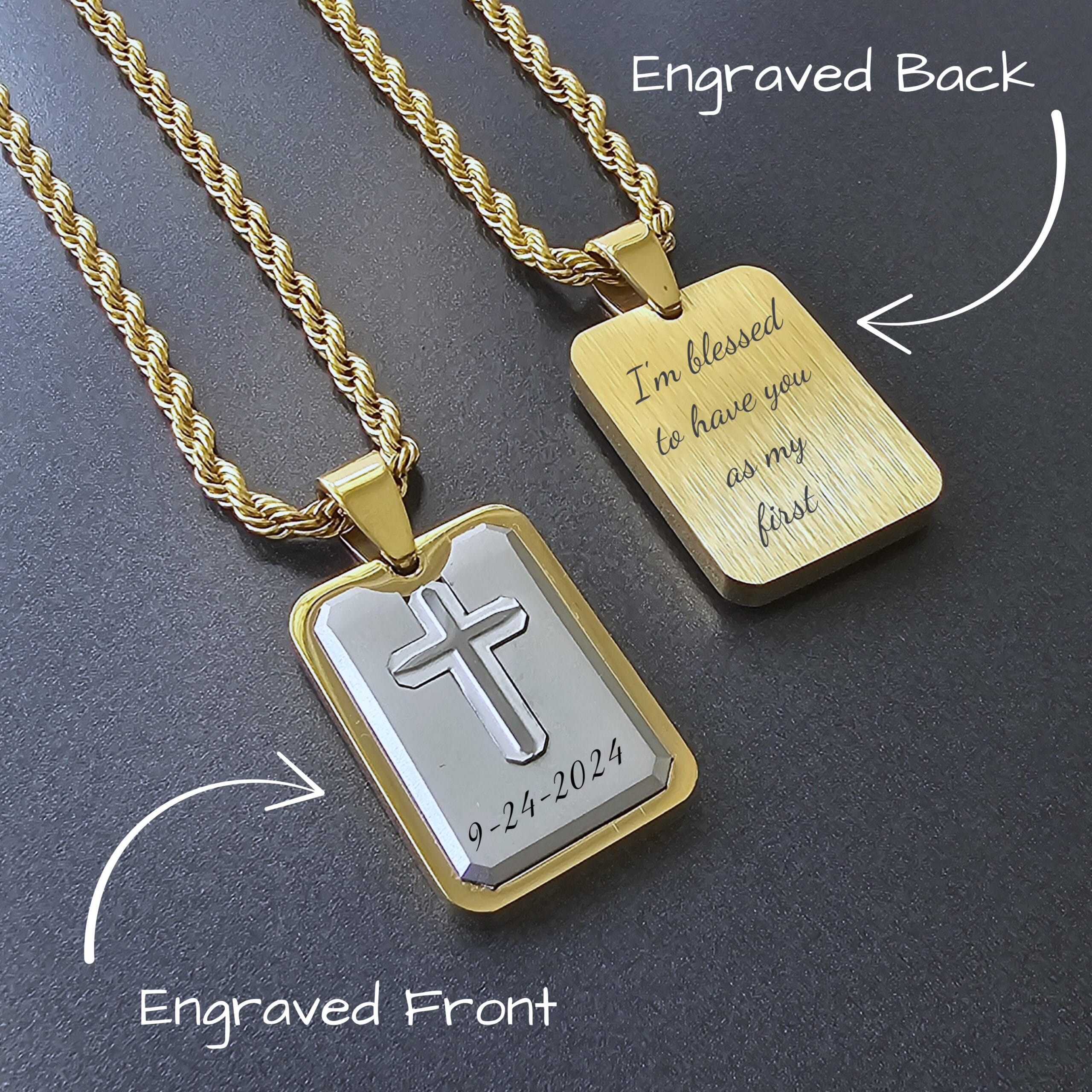 Engraved Cross Dog Tag Necklace, Gold and Silver Stainless Steel, Personalized Gift 2 Cross dog tag engraved on the front and on the back