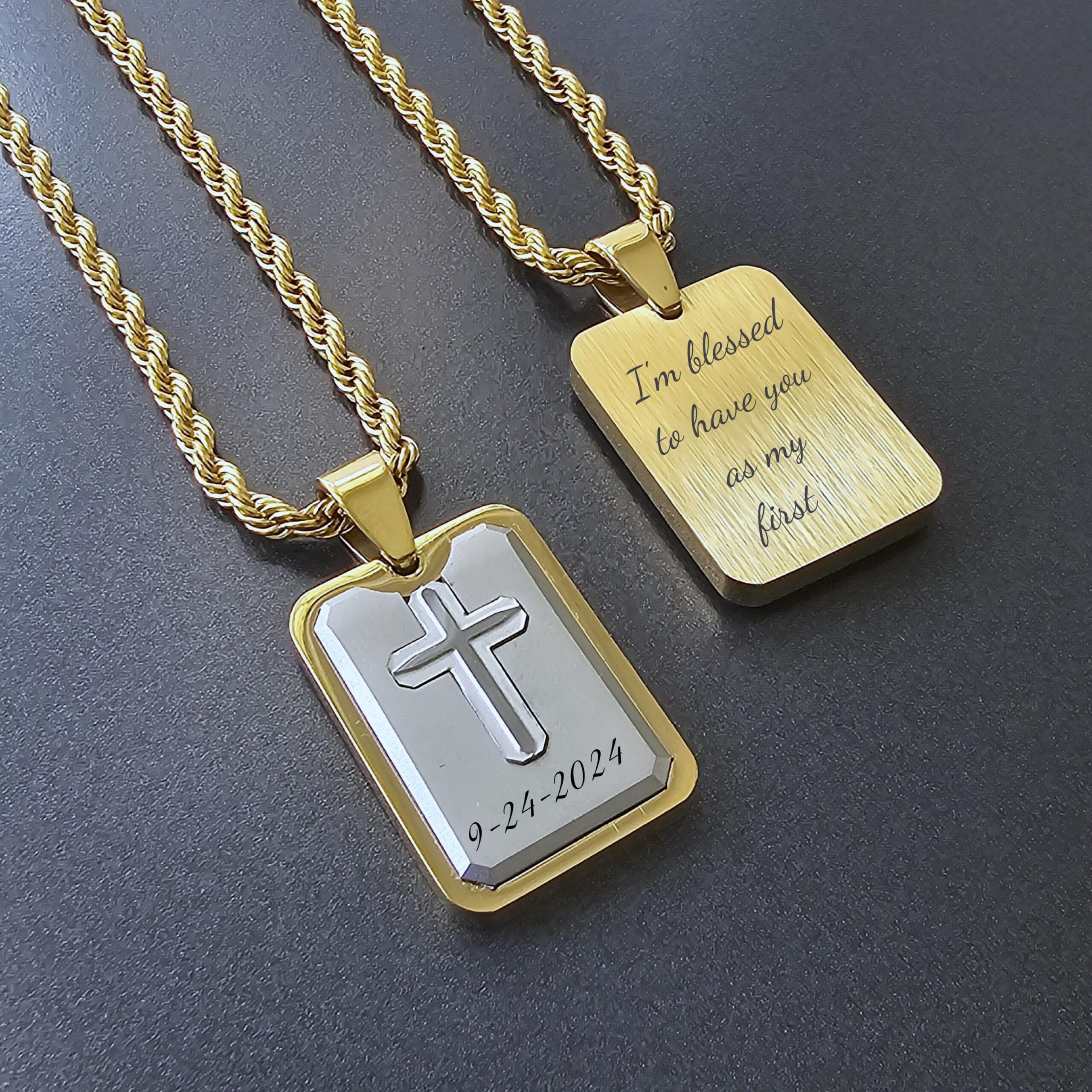 Engraved Cross Dog Tag Necklace, Gold and Silver Stainless Steel, Personalized Gift 3 Front and back of the cross dog tag