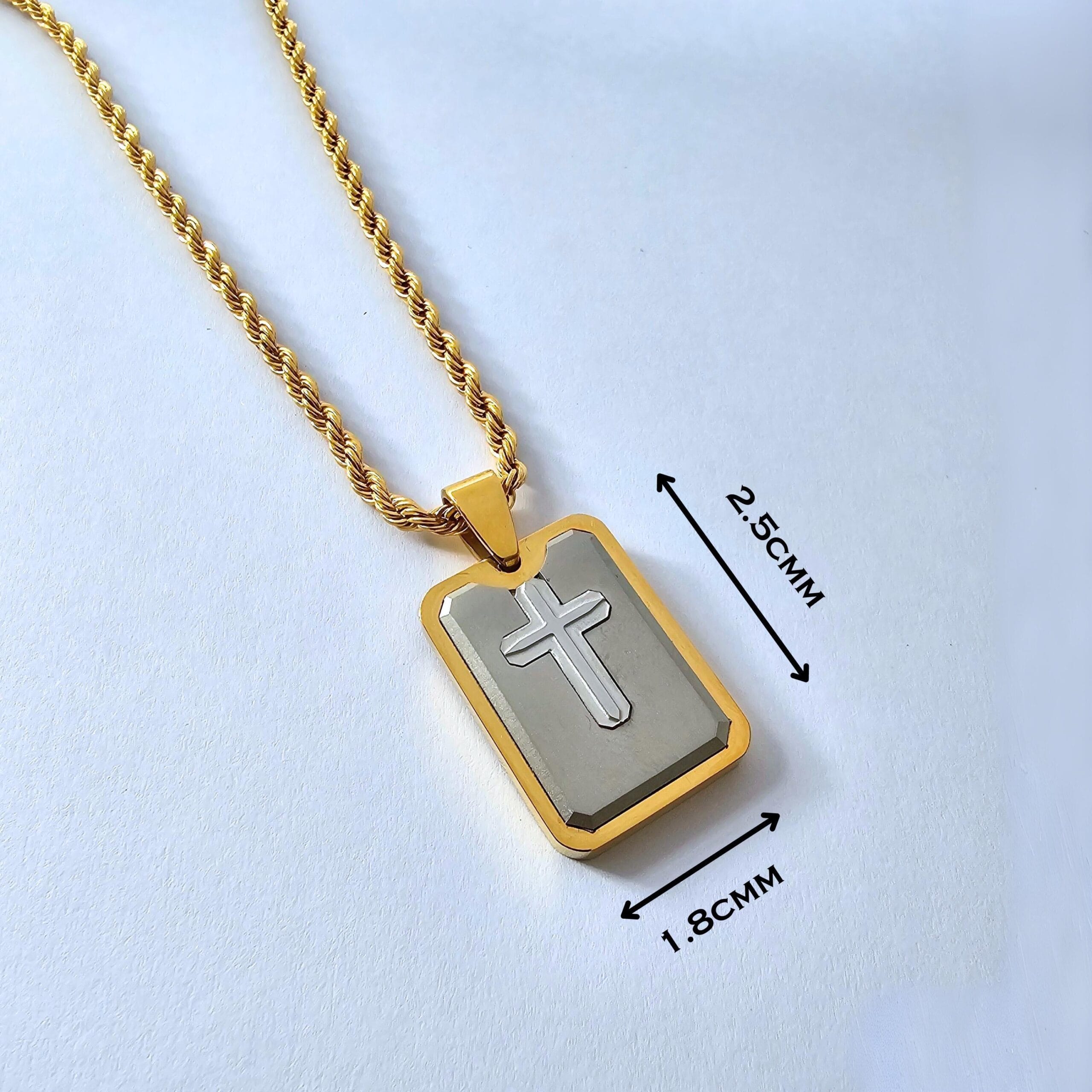 Engraved Cross Dog Tag Necklace, Gold and Silver Stainless Steel, Personalized Gift 5 Cross dog tag size, 2.5 by 1.8 cm