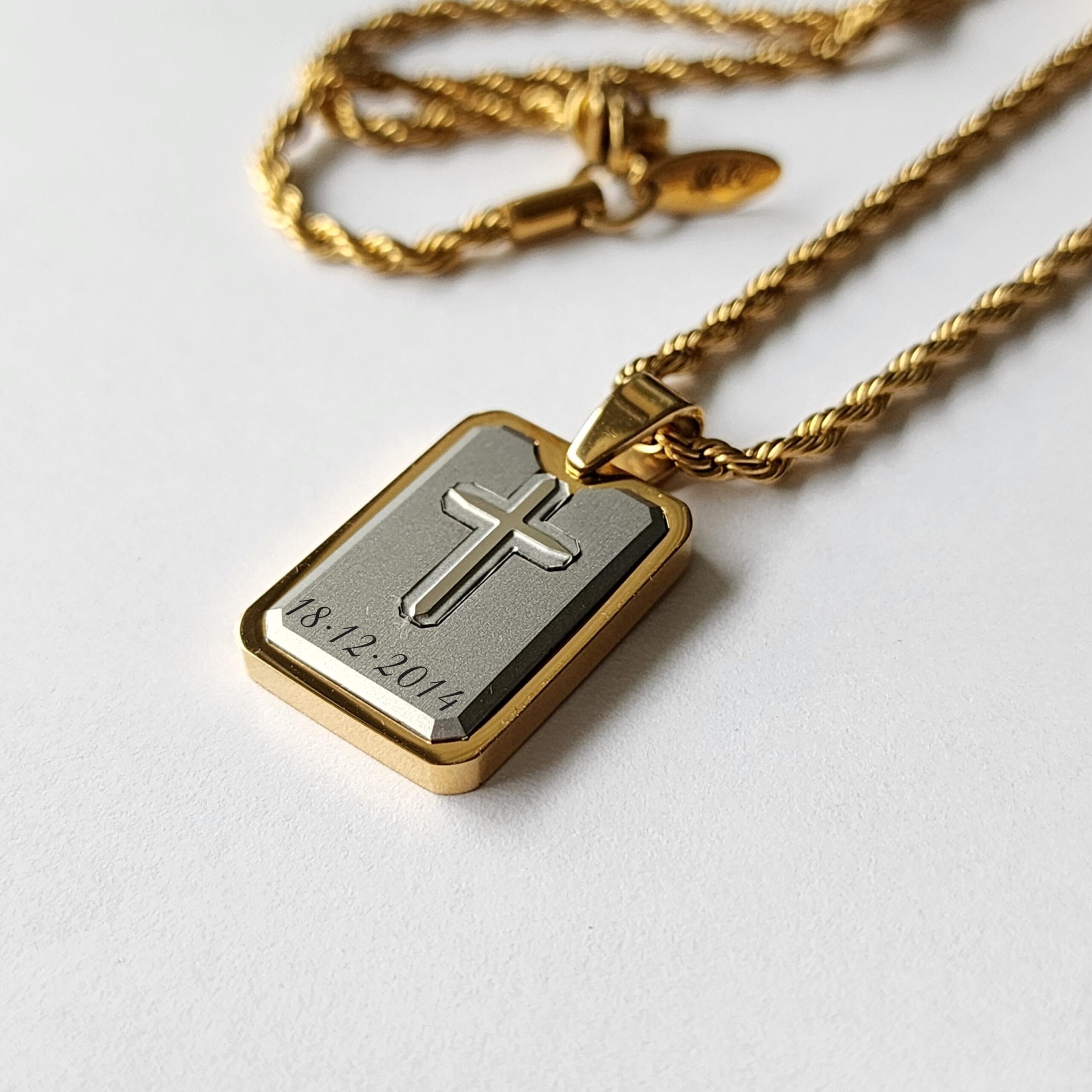 Engraved Cross Dog Tag Necklace, Gold and Silver Stainless Steel, Personalized Gift 6 Cross dog tag with an engraved date, second view