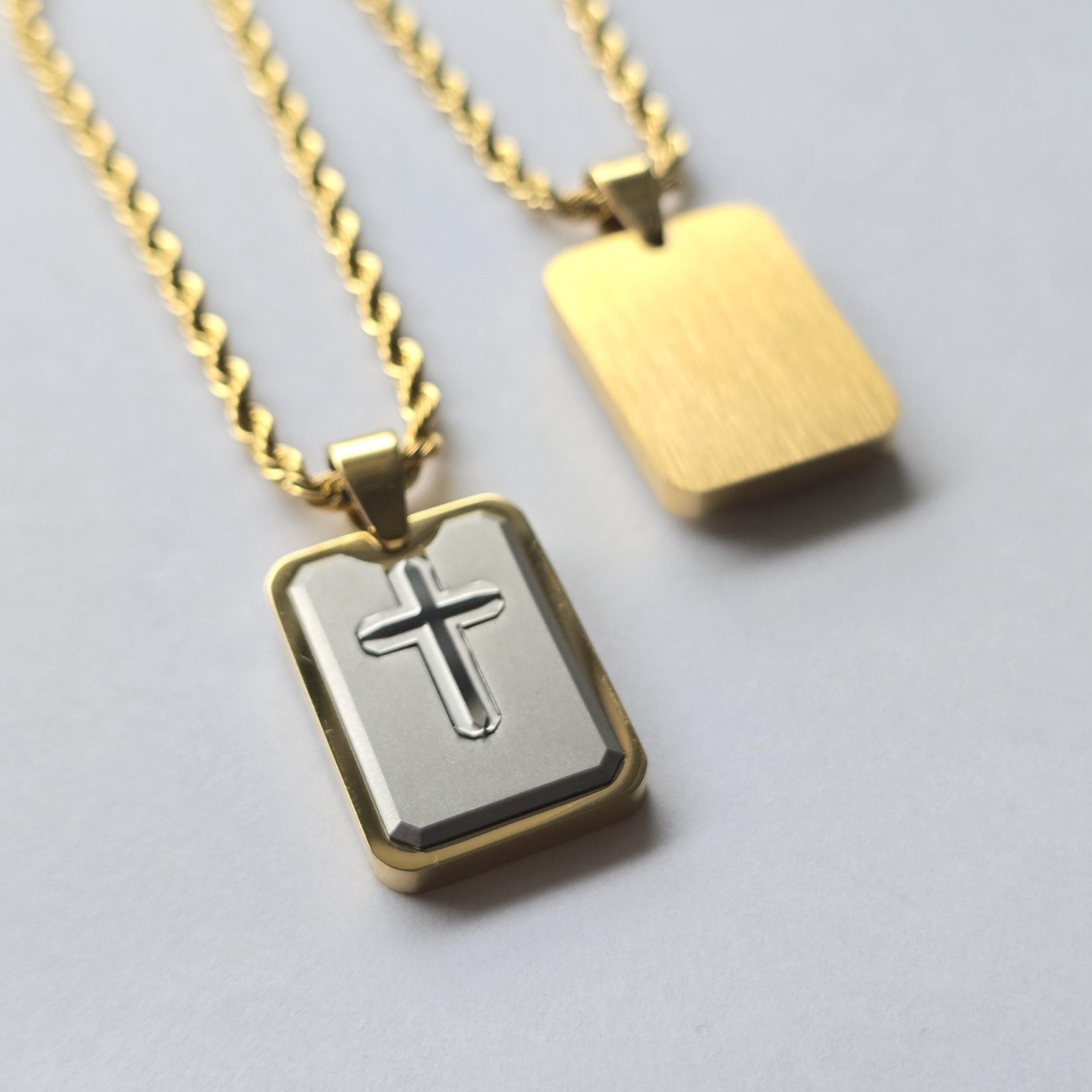 Engraved Cross Dog Tag Necklace, Gold and Silver Stainless Steel, Personalized Gift 8 Blank gold back of the pendant
