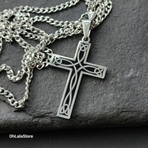 Home 15 Black and silver cross pendant on its chain
