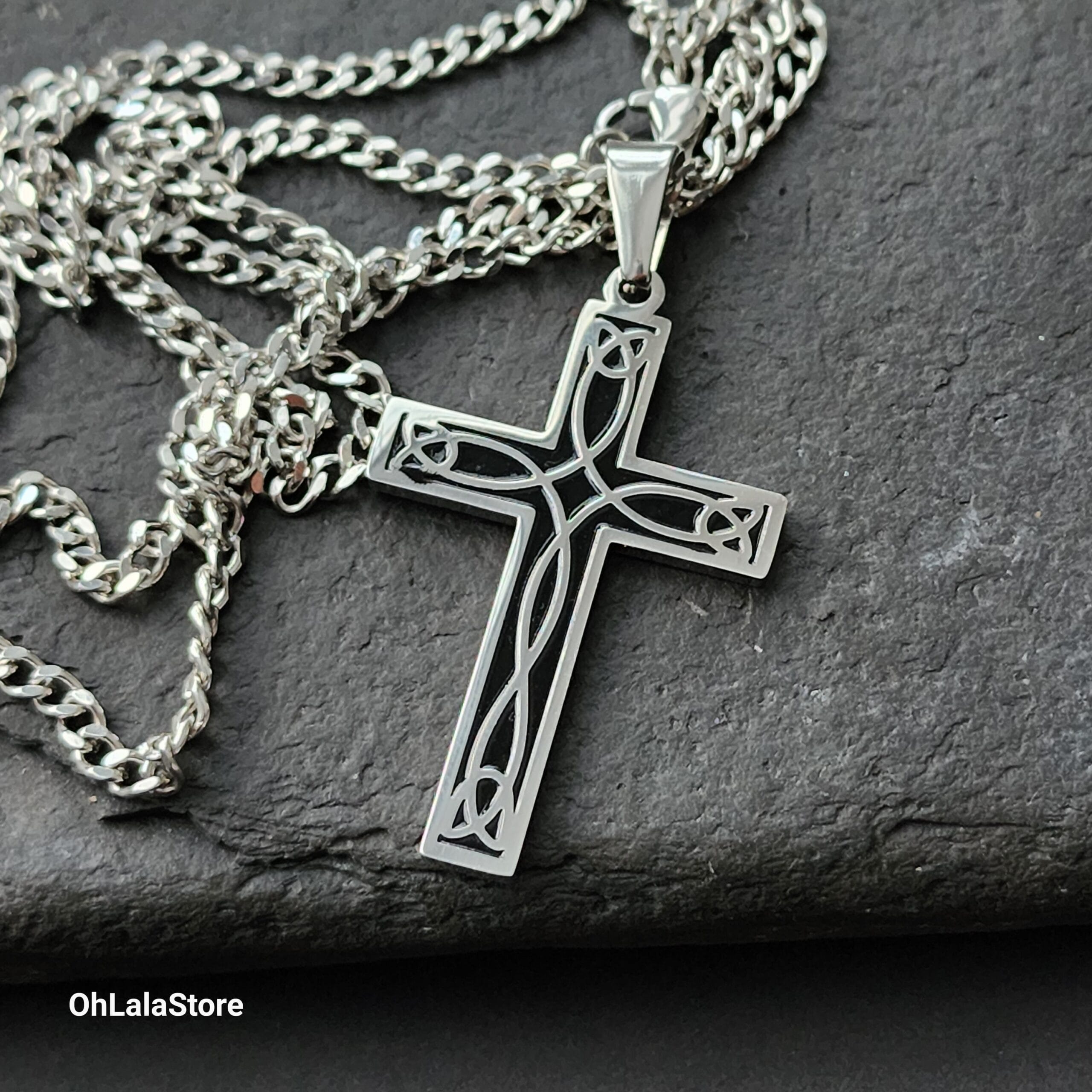 Engraved Black and Silver Cross Necklace, Personalized Stainless Steel Cross Pendant 1 Black and silver cross pendant on its chain