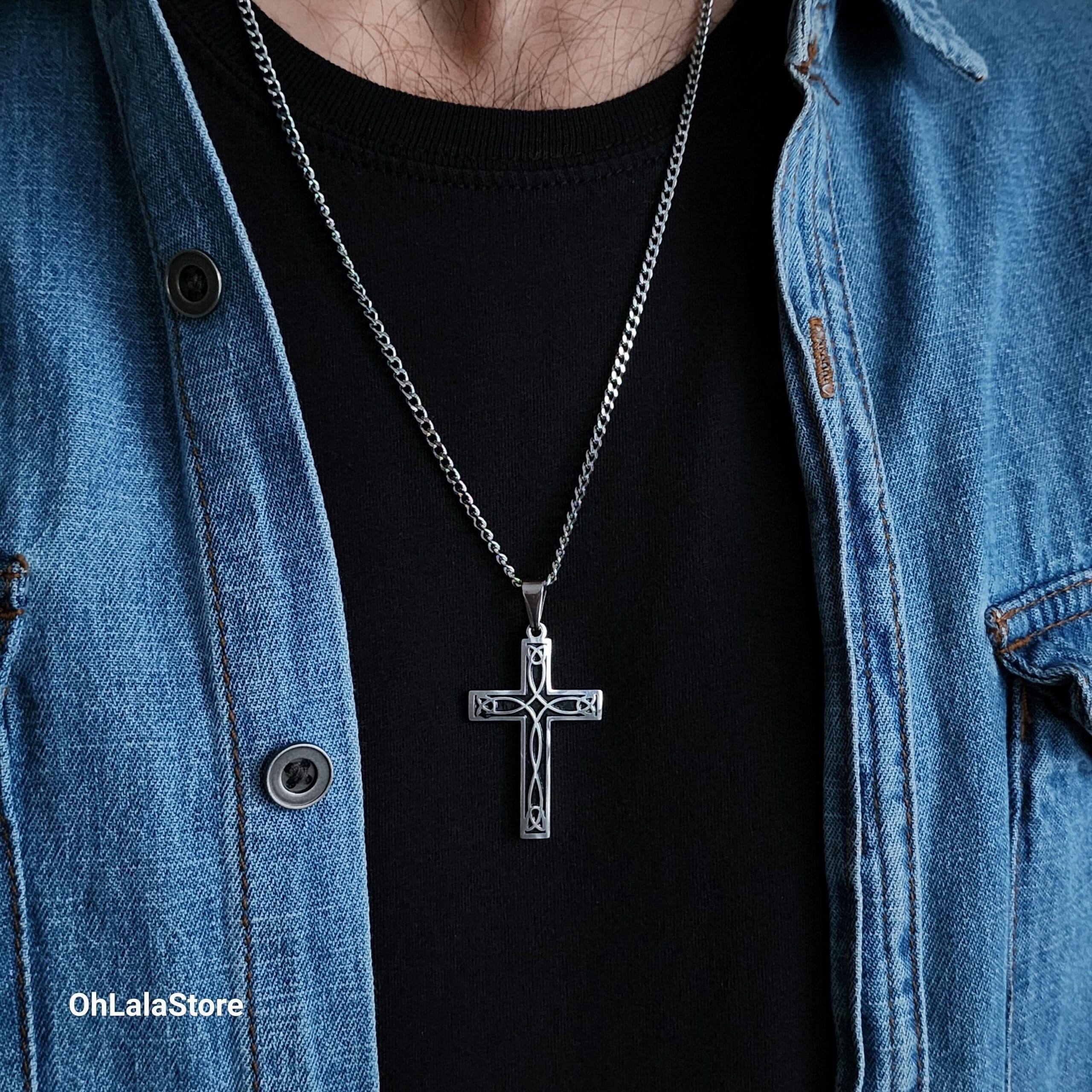 Engraved Black and Silver Cross Necklace, Personalized Stainless Steel Cross Pendant 2 Black and silver cross necklace worn