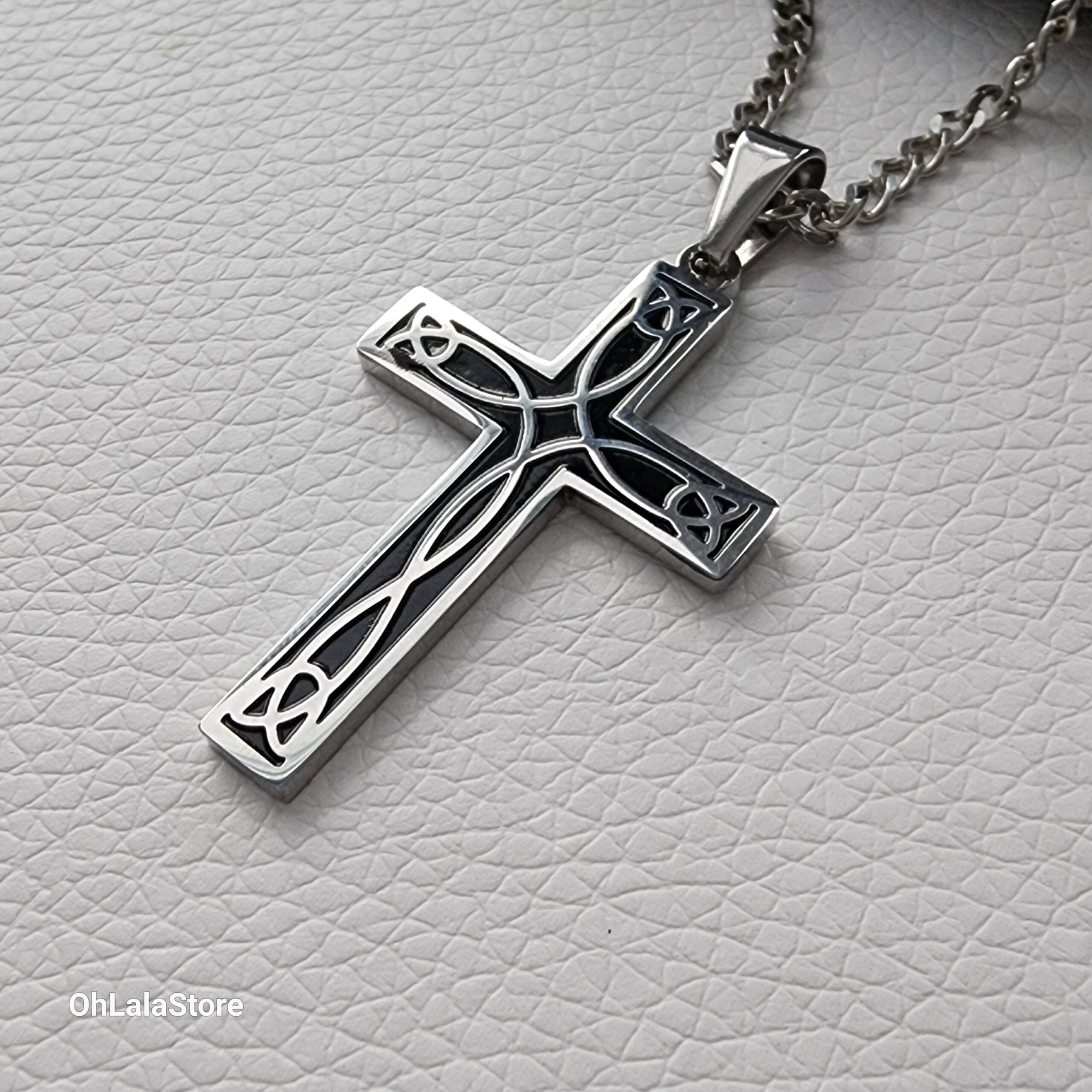Engraved Black and Silver Cross Necklace, Personalized Stainless Steel Cross Pendant 3 Close-up of the black enamel and steel cross