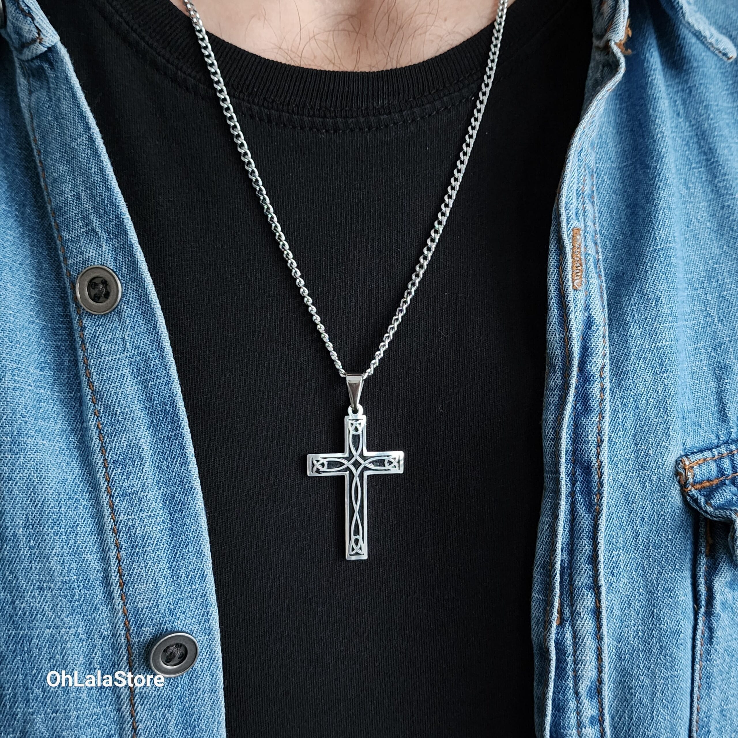 Engraved Black and Silver Cross Necklace, Personalized Stainless Steel Cross Pendant 4 Cross necklace worn, second view