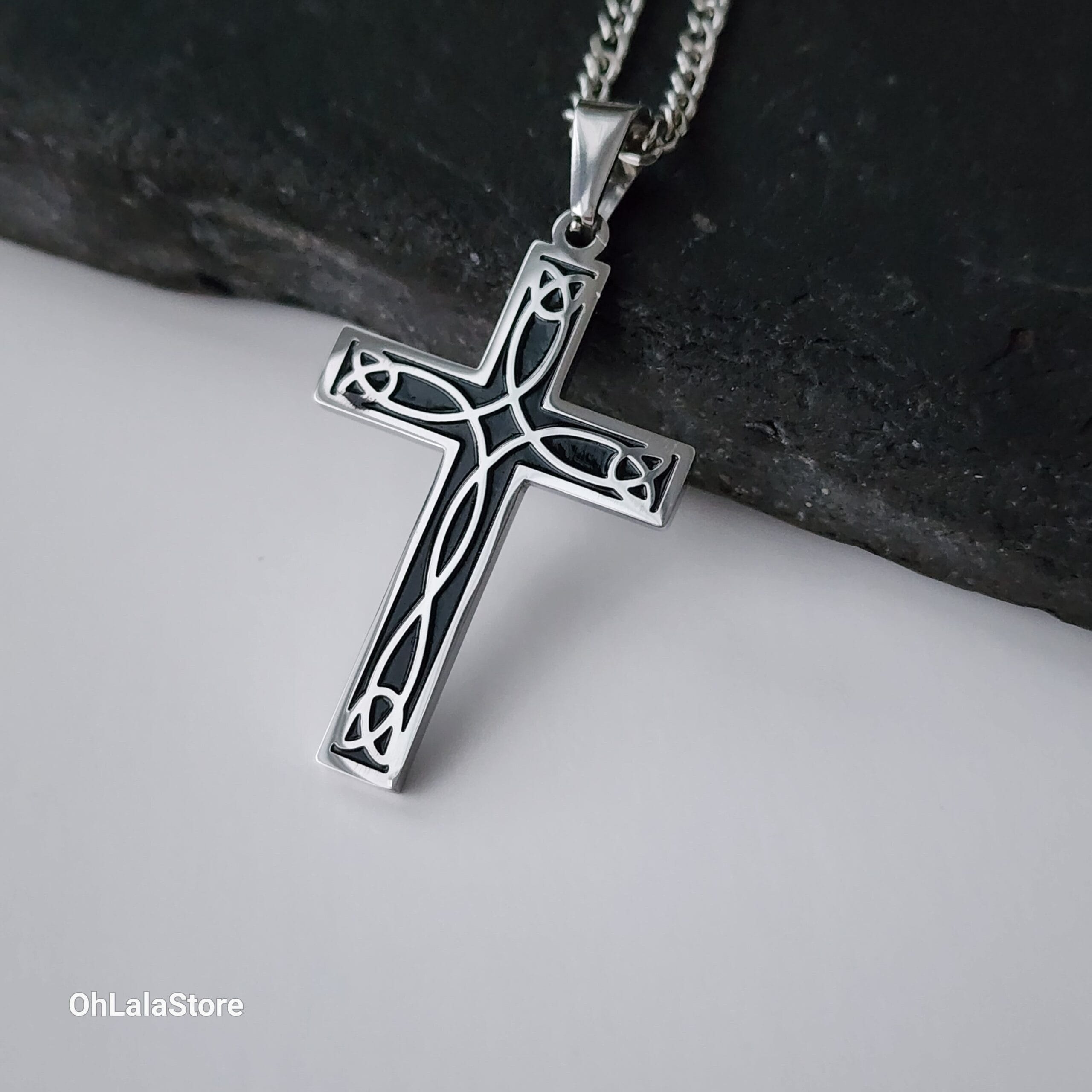 Engraved Black and Silver Cross Necklace, Personalized Stainless Steel Cross Pendant 5 Cross pendant standing on stone