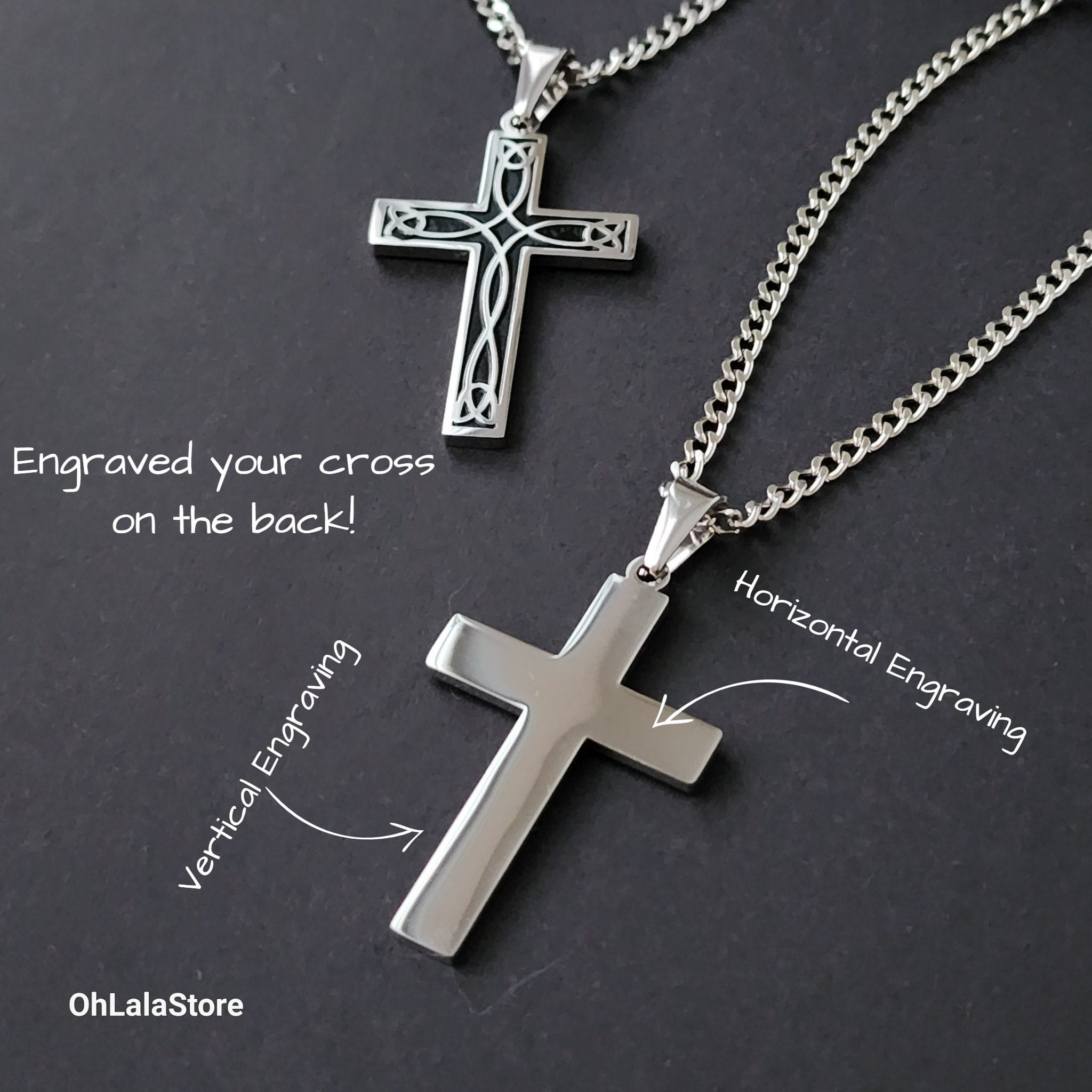 Engraved Black and Silver Cross Necklace, Personalized Stainless Steel Cross Pendant 6 The back of the cross, vertical or horizontal engraving