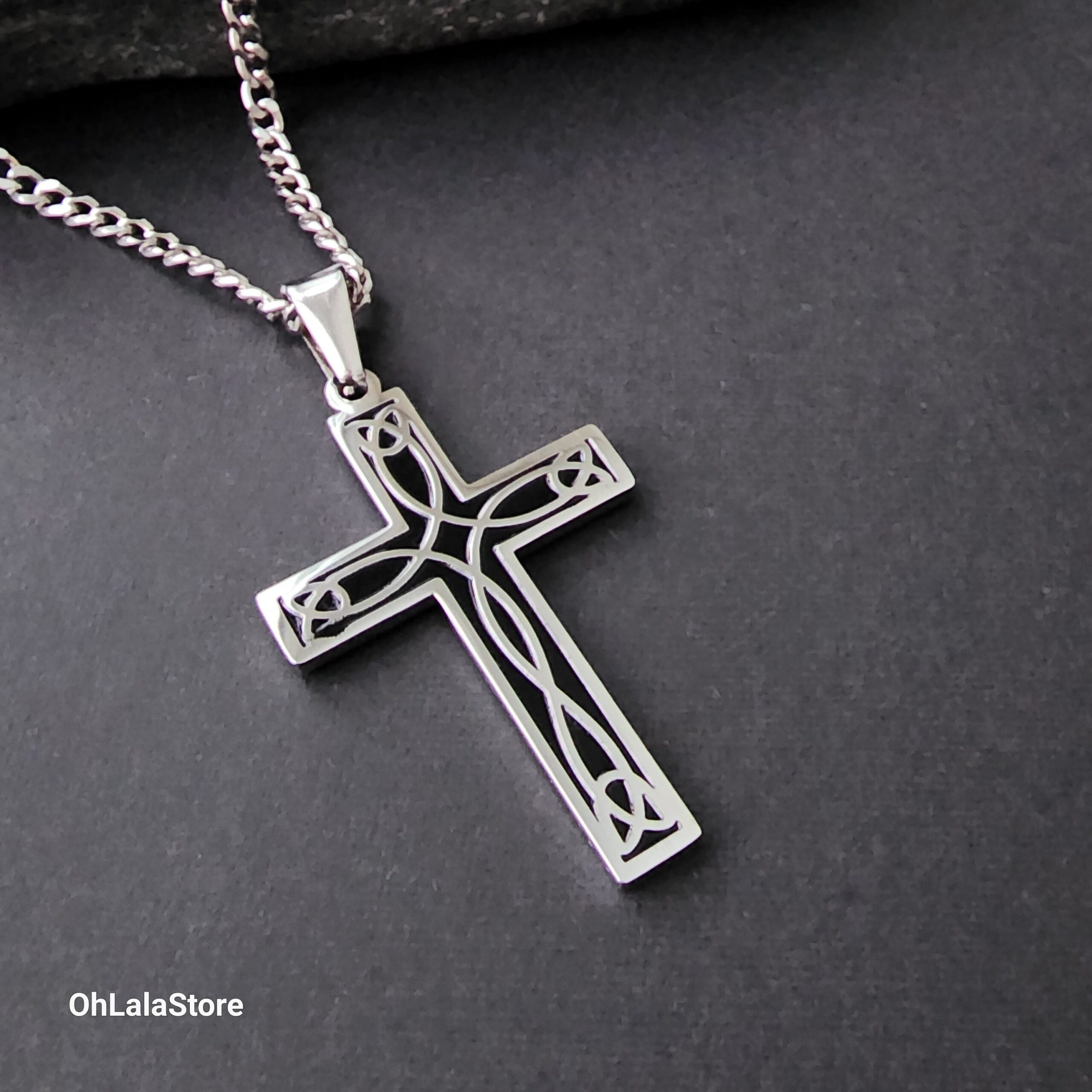 Engraved Black and Silver Cross Necklace, Personalized Stainless Steel Cross Pendant 7 Cross pendant on a dark background