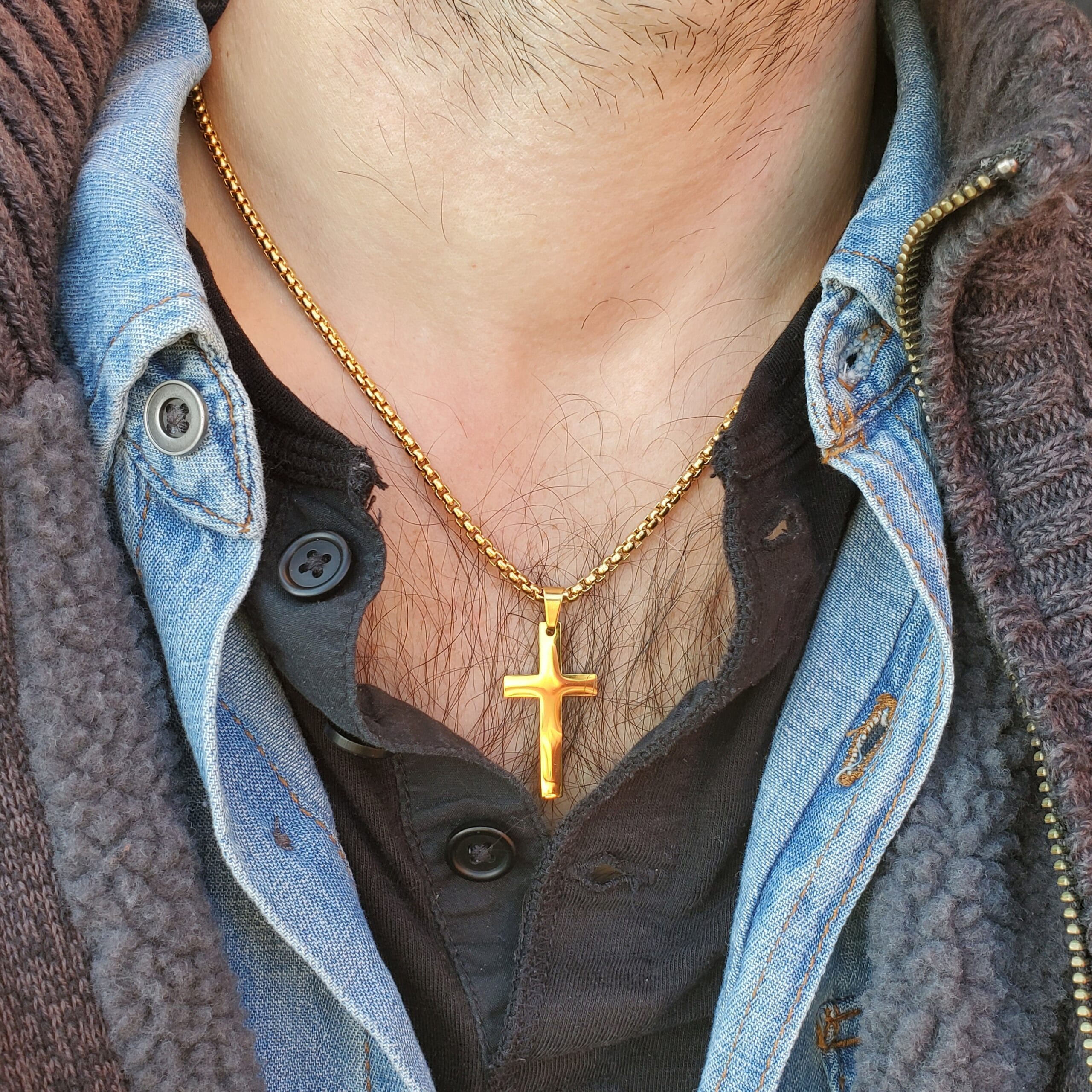 Personalized Gold Cross Necklace, Engraved Cross Pendant, Gift for Him 1 Gold cross necklace worn