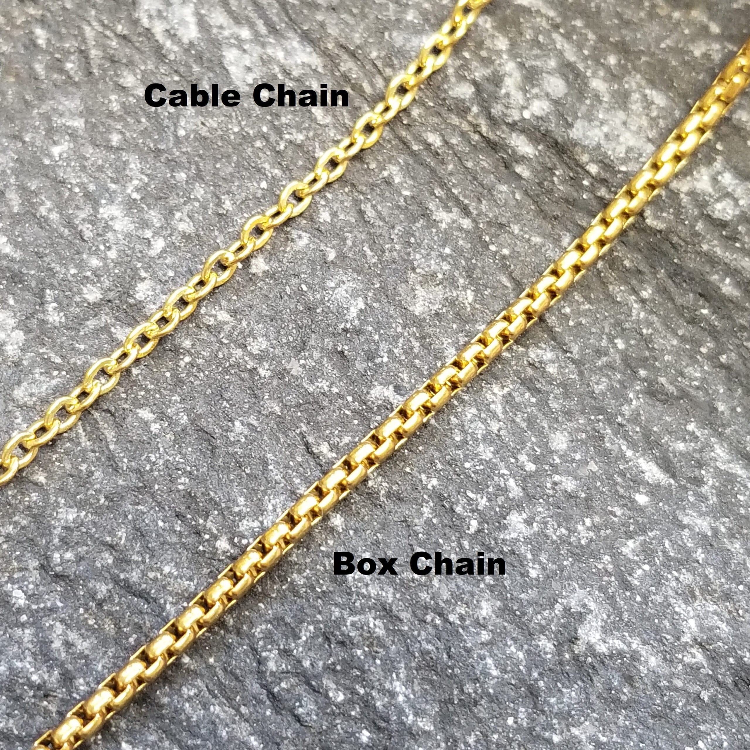 Personalized Gold Cross Necklace, Engraved Cross Pendant, Gift for Him 4 Cable chain and box chain compared