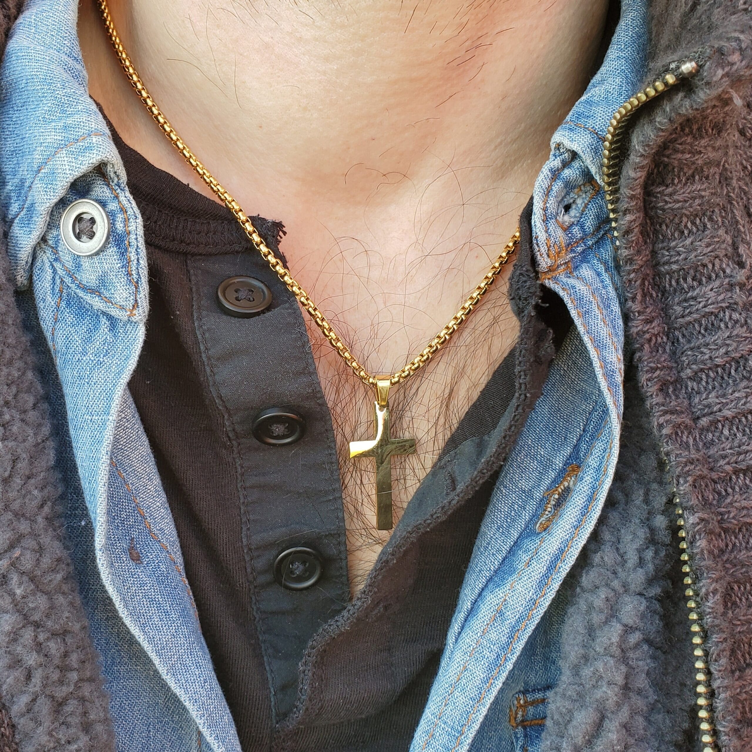 Personalized Gold Cross Necklace, Engraved Cross Pendant, Gift for Him 6 Gold cross necklace worn, second view